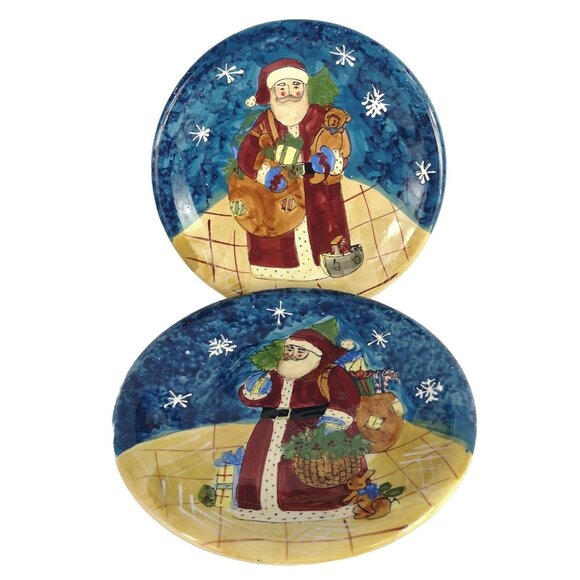 VTG Susan Winget CIC Folk Art Christmas Tea plates Set of 2 Hand Painted Santa - Picture 2 of 6